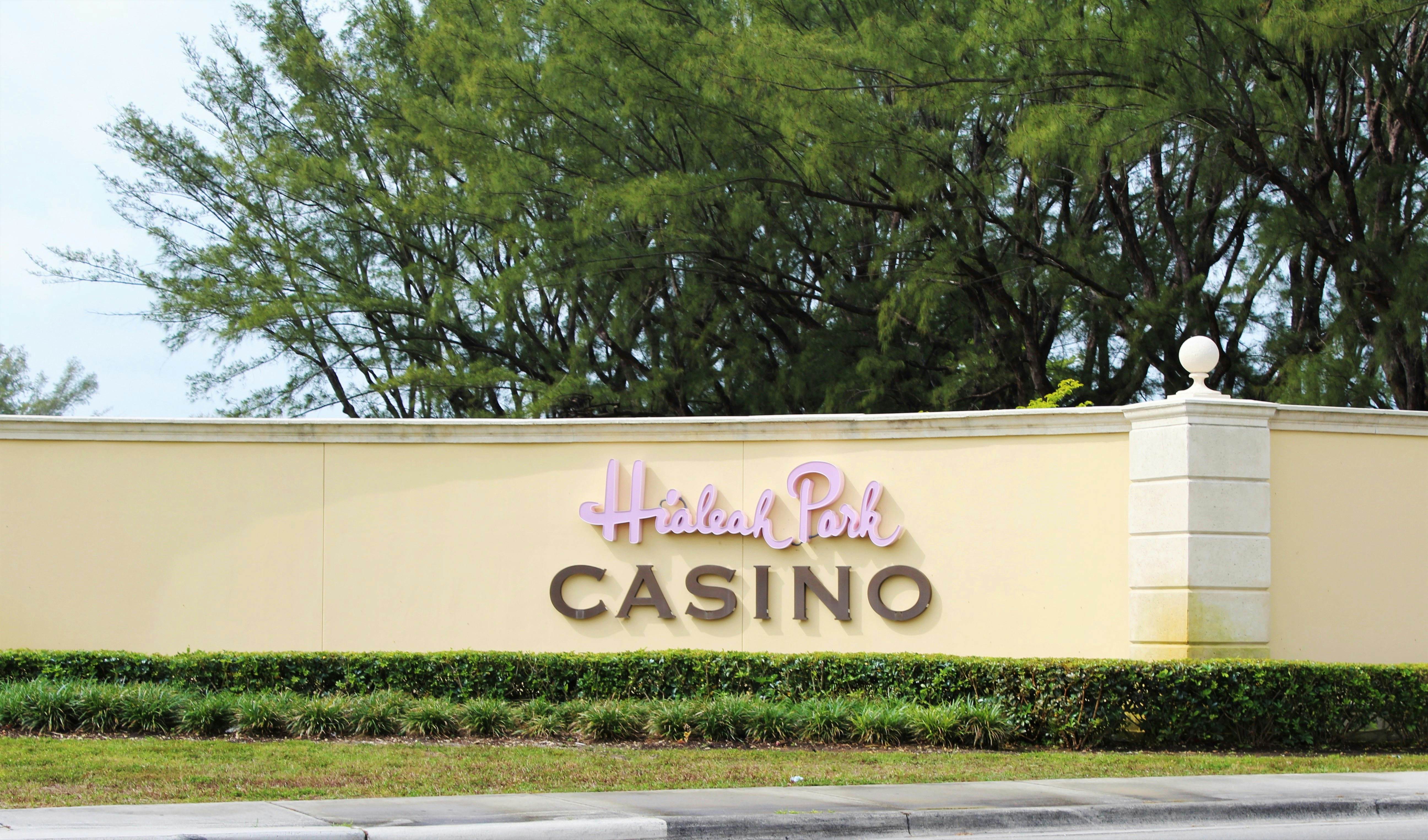 Hialeah, Fl, USA: April 2021: Outdoor sign for Hialeah Park Casino. ; Shutterstock ID 1958803822; your: Bridget Brown; gl: 65050; netsuite: Online Editorial; full: POI Image Update